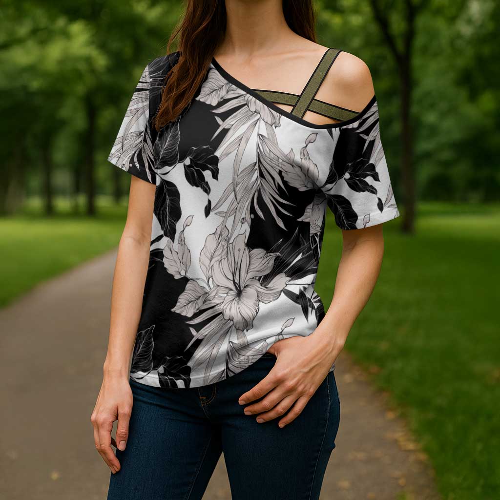 Black White Monotone Tropical Flowers Pattern Cross Shoulder Shirt - Polynesian Pride