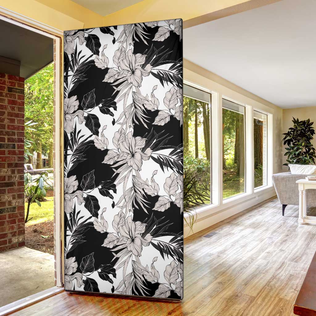 Black White Monotone Tropical Flowers Pattern Door Cover - Polynesian Pride