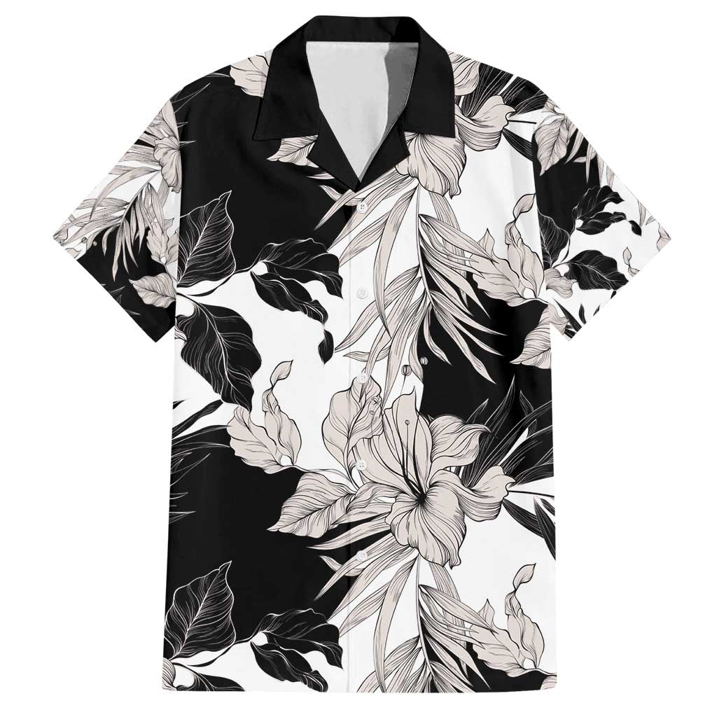 Black White Monotone Tropical Flowers Pattern Family Matching Long Sleeve Bodycon Dress and Hawaiian Shirt - Polynesian Pride