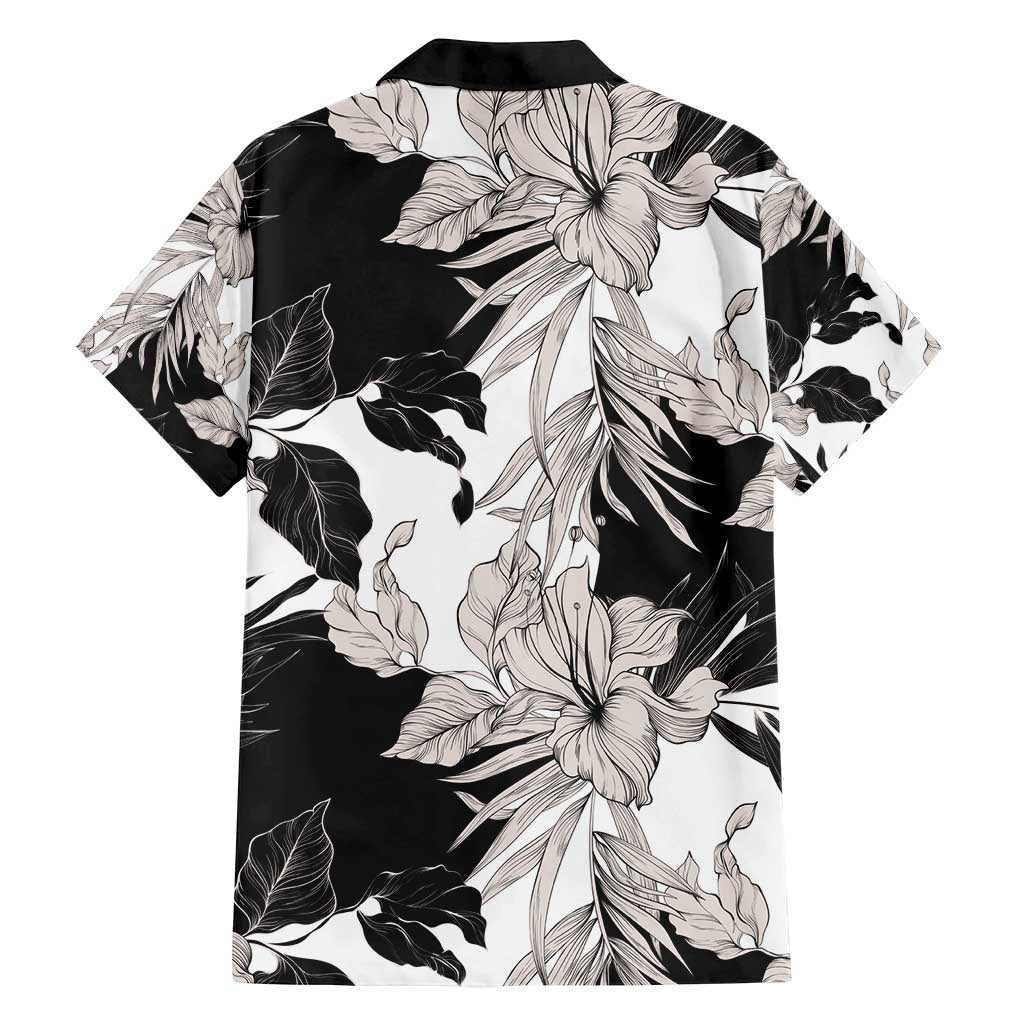 Black White Monotone Tropical Flowers Pattern Family Matching Long Sleeve Bodycon Dress and Hawaiian Shirt - Polynesian Pride