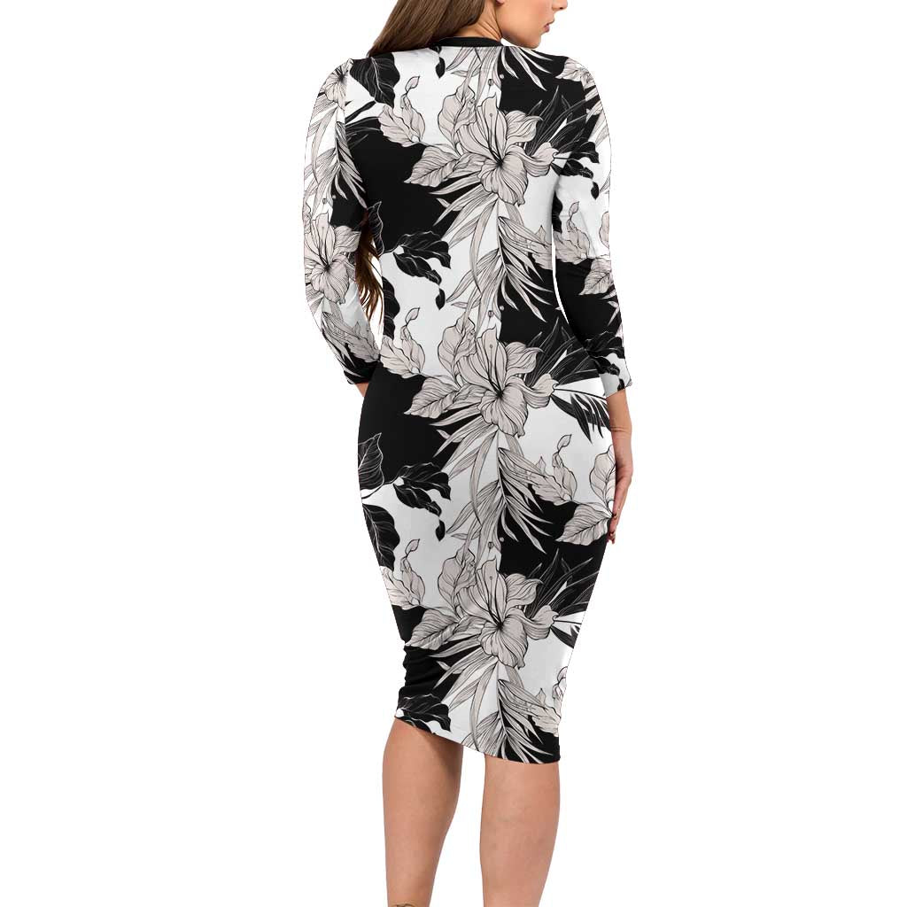 Black White Monotone Tropical Flowers Pattern Family Matching Long Sleeve Bodycon Dress and Hawaiian Shirt - Polynesian Pride