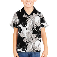 Black White Monotone Tropical Flowers Pattern Family Matching Long Sleeve Bodycon Dress and Hawaiian Shirt - Polynesian Pride