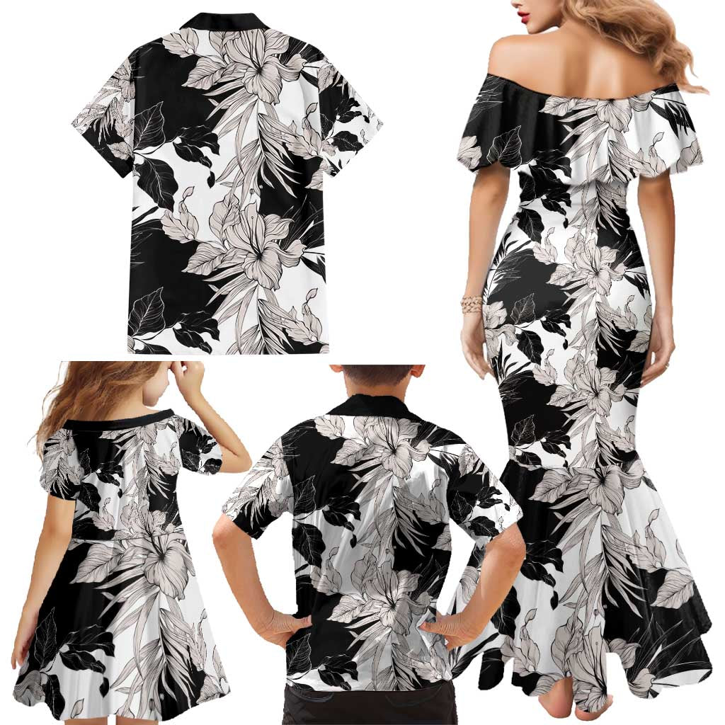 Black White Monotone Tropical Flowers Pattern Family Matching Mermaid Dress and Hawaiian Shirt - Polynesian Pride