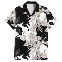 Black White Monotone Tropical Flowers Pattern Family Matching Off The Shoulder Long Sleeve Dress and Hawaiian Shirt - Polynesian Pride