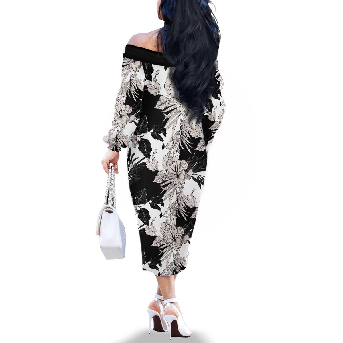 Black White Monotone Tropical Flowers Pattern Family Matching Off The Shoulder Long Sleeve Dress and Hawaiian Shirt - Polynesian Pride