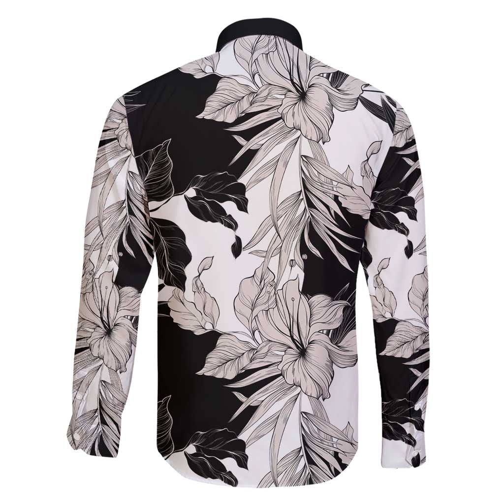 Black White Monotone Tropical Flowers Pattern Family Matching Short Sleeve Bodycon Dress and Hawaiian Shirt - Polynesian Pride