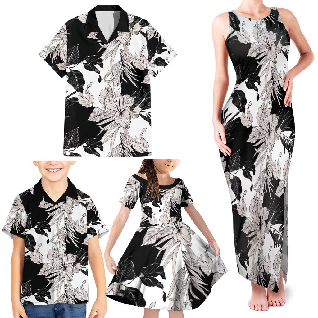 Black White Monotone Tropical Flowers Pattern Family Matching Tank Maxi Dress and Hawaiian Shirt - Polynesian Pride