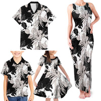 Black White Monotone Tropical Flowers Pattern Family Matching Tank Maxi Dress and Hawaiian Shirt - Polynesian Pride