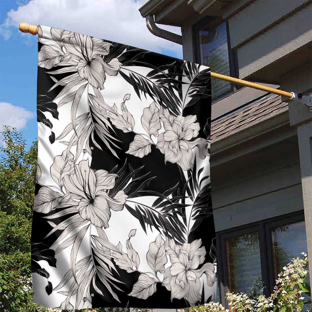 Black White Monotone Tropical Flowers Pattern Garden Flag LT01 - Polynesian Pride