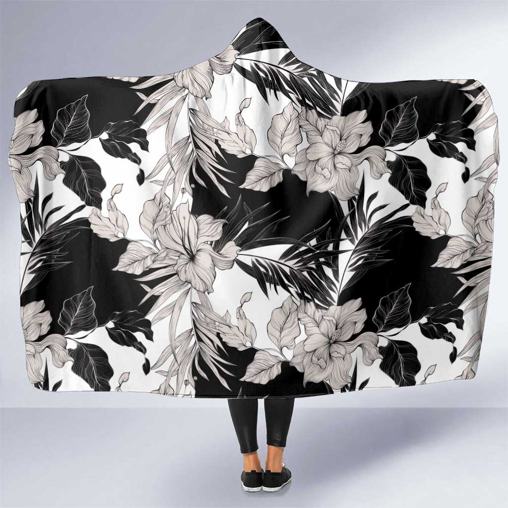 Black White Monotone Tropical Flowers Pattern Hooded Blanket - Polynesian Pride