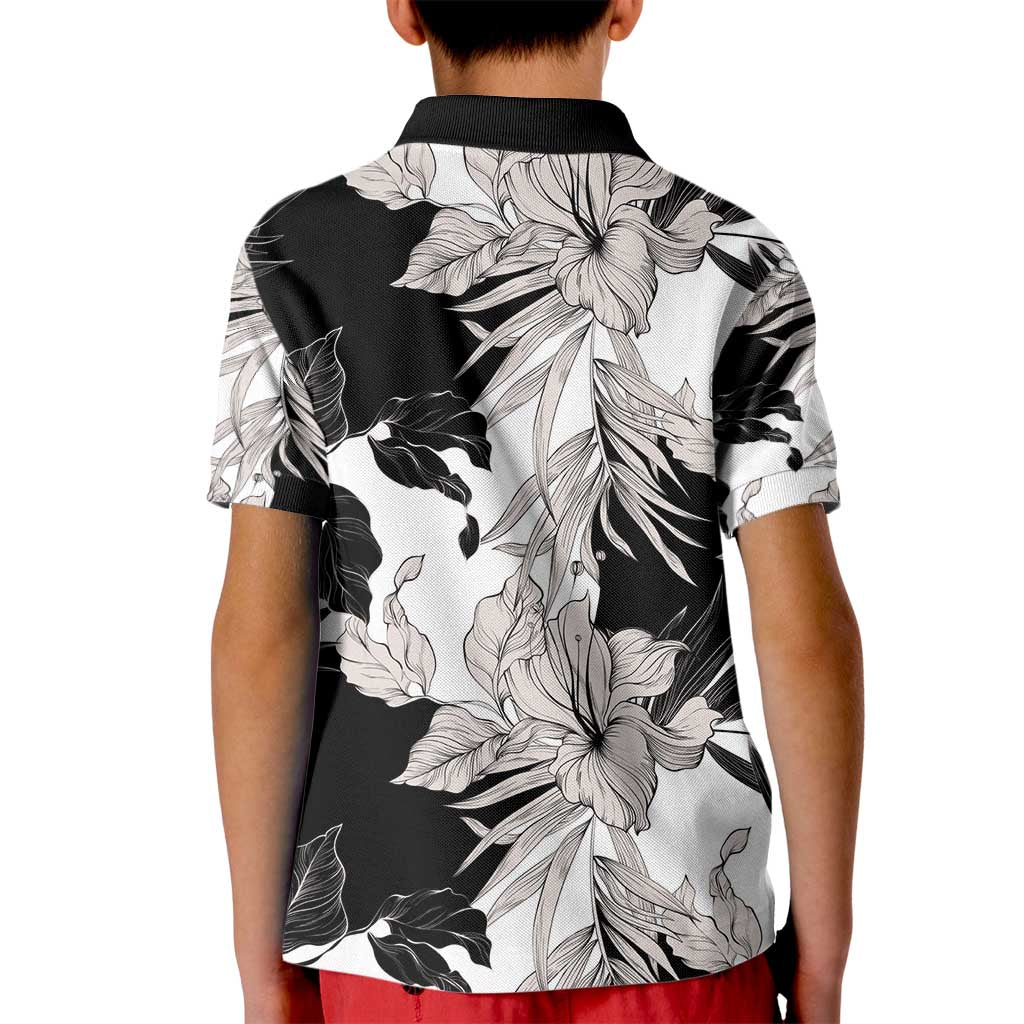 Black White Monotone Tropical Flowers Pattern Kid Polo Shirt - Polynesian Pride