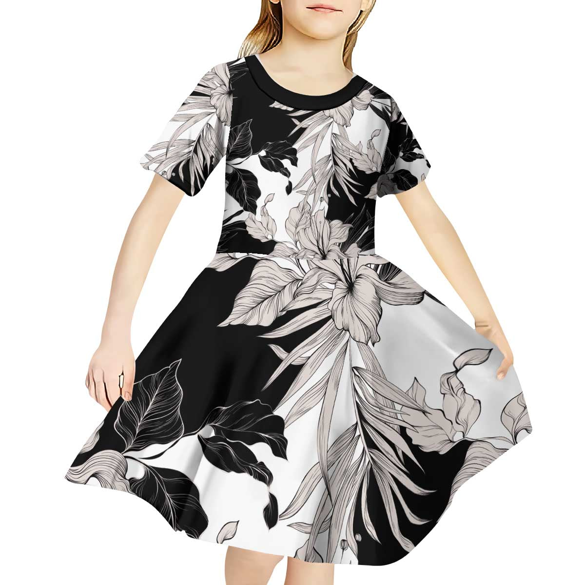 Black White Monotone Tropical Flowers Pattern Kid Short Sleeve Dress - Polynesian Pride