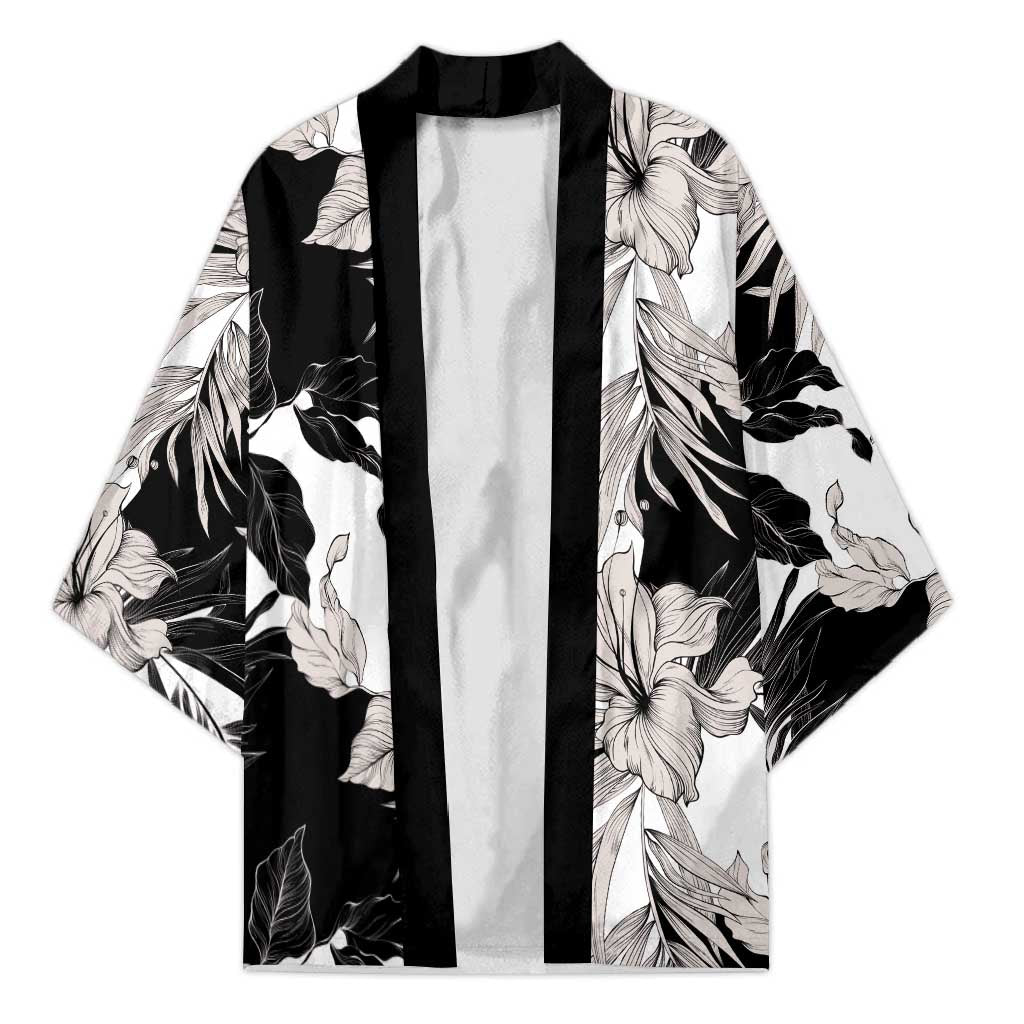 Black White Monotone Tropical Flowers Pattern Kimono LT01 Unisex Black - Polynesian Pride