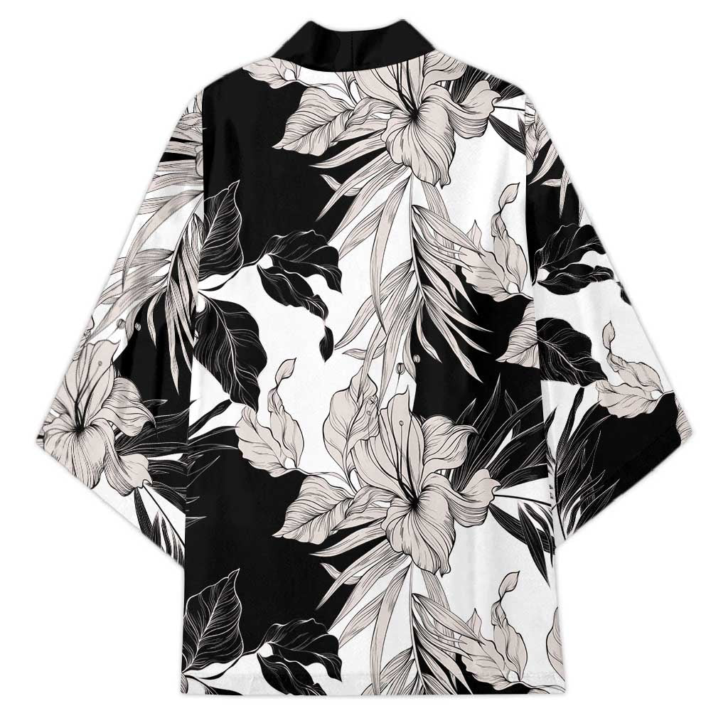 Black White Monotone Tropical Flowers Pattern Kimono LT01 - Polynesian Pride