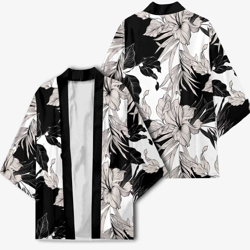 Black White Monotone Tropical Flowers Pattern Kimono LT01 - Polynesian Pride