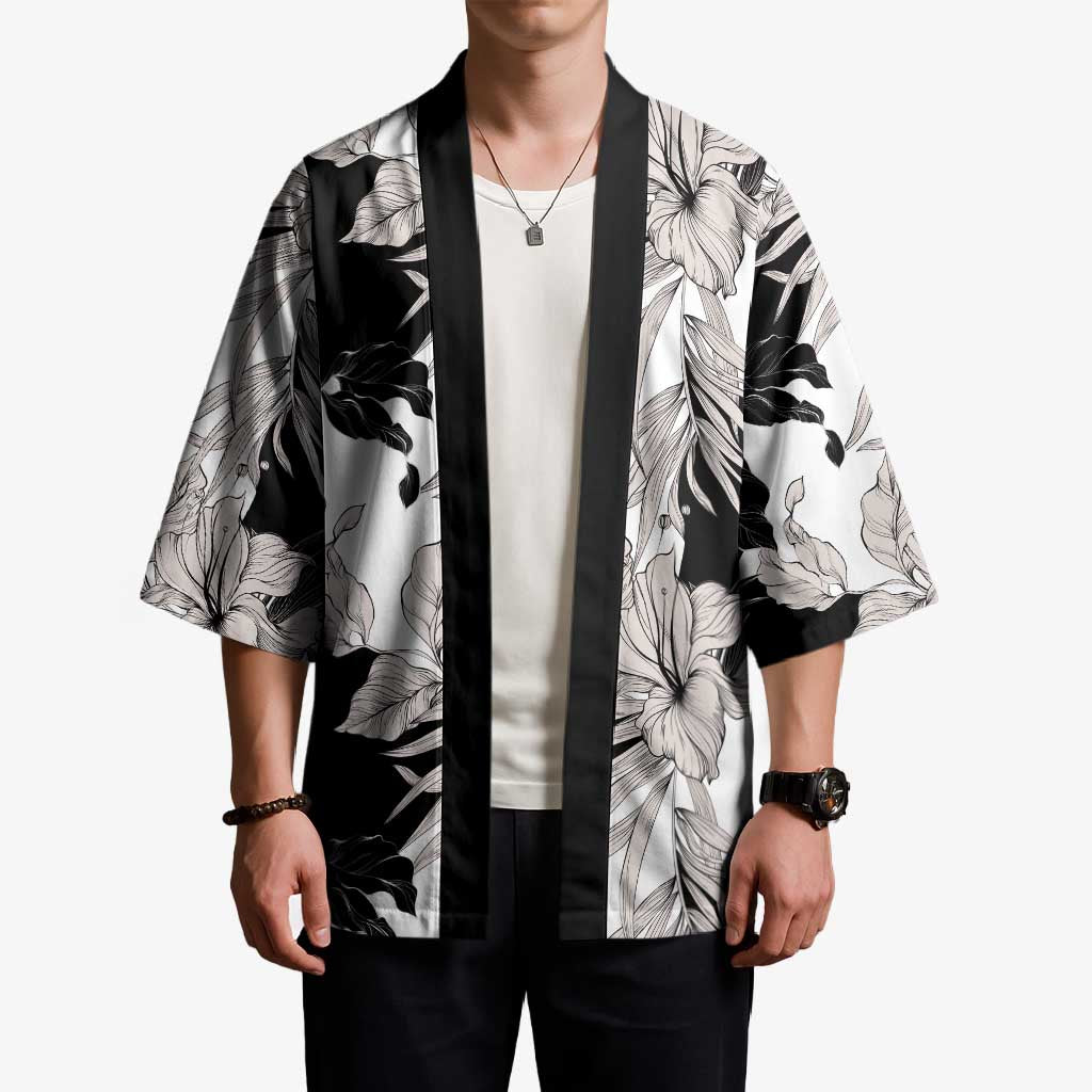 Black White Monotone Tropical Flowers Pattern Kimono LT01 - Polynesian Pride