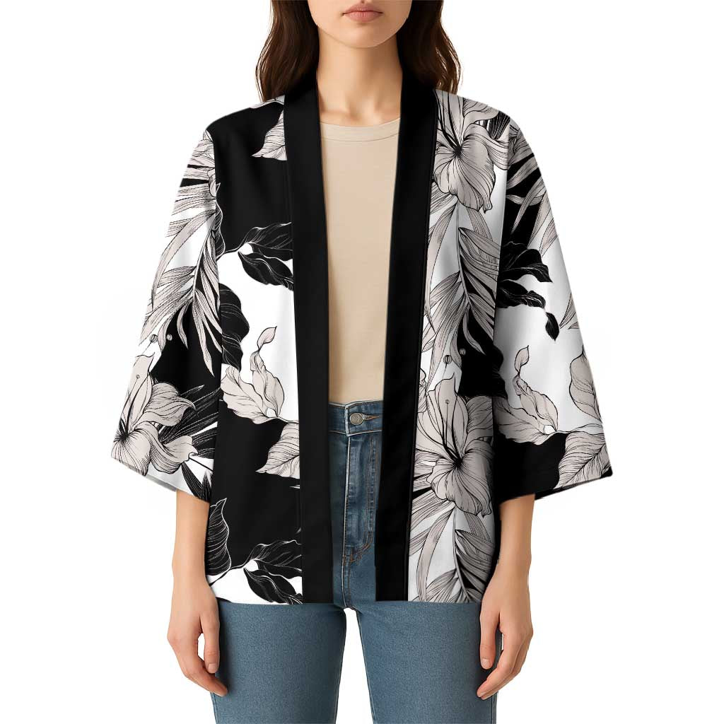 Black White Monotone Tropical Flowers Pattern Kimono LT01 - Polynesian Pride