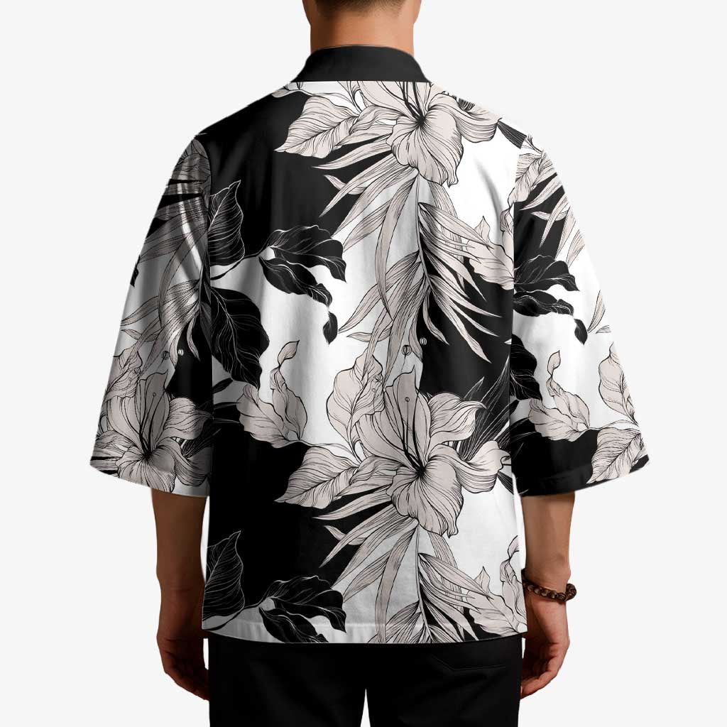 Black White Monotone Tropical Flowers Pattern Kimono LT01 - Polynesian Pride