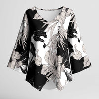Black White Monotone Tropical Flowers Pattern Kimono Sleeve Blouse - Polynesian Pride