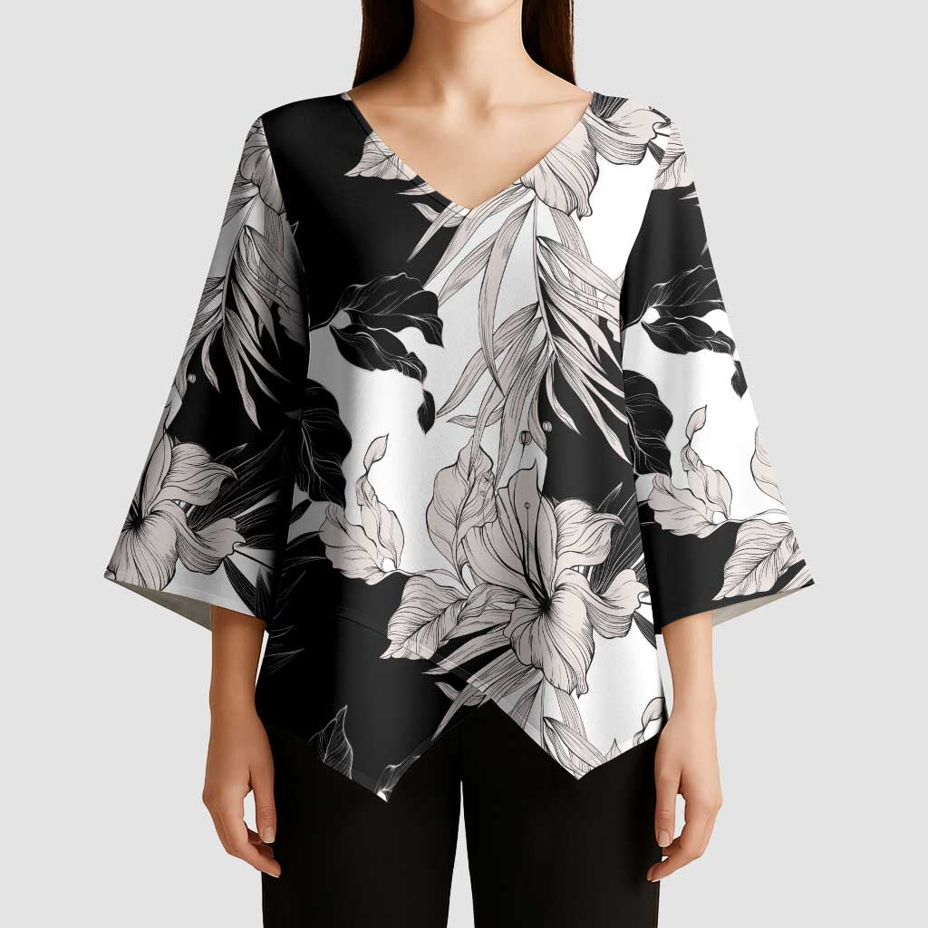Black White Monotone Tropical Flowers Pattern Kimono Sleeve Blouse - Polynesian Pride