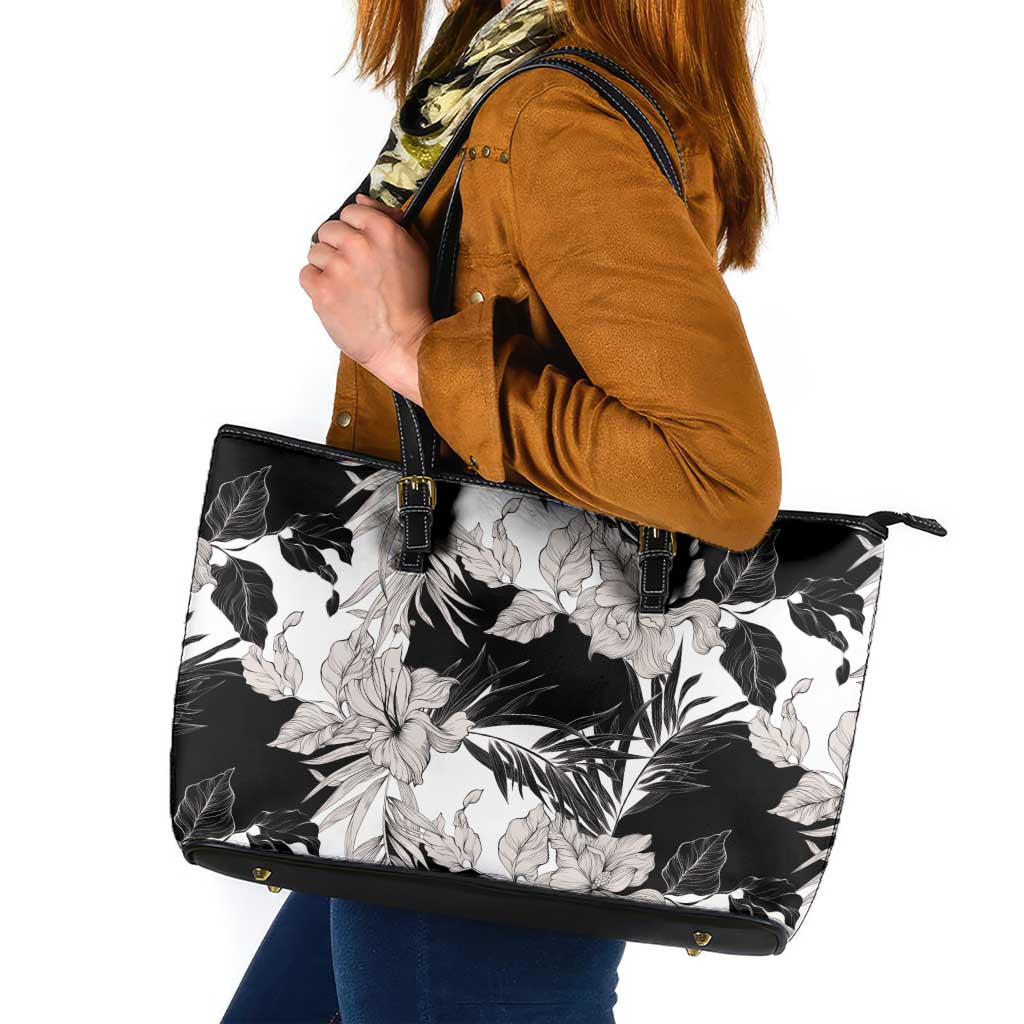 Black White Monotone Tropical Flowers Pattern Leather Tote Bag LT01 Black - Polynesian Pride