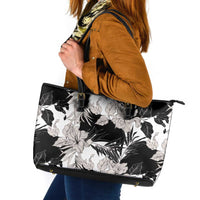 Black White Monotone Tropical Flowers Pattern Leather Tote Bag LT01 Black - Polynesian Pride