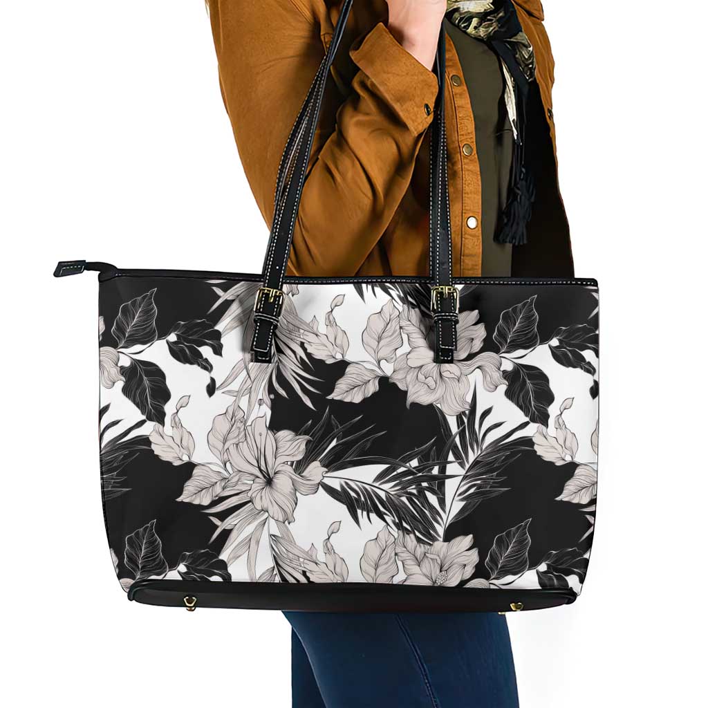 Black White Monotone Tropical Flowers Pattern Leather Tote Bag LT01 - Polynesian Pride