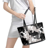 Black White Monotone Tropical Flowers Pattern Leather Tote Bag LT01 - Polynesian Pride