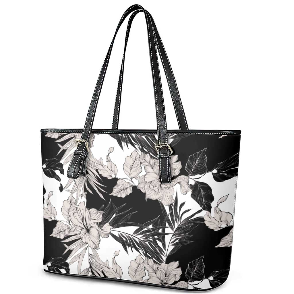 Black White Monotone Tropical Flowers Pattern Leather Tote Bag LT01 - Polynesian Pride