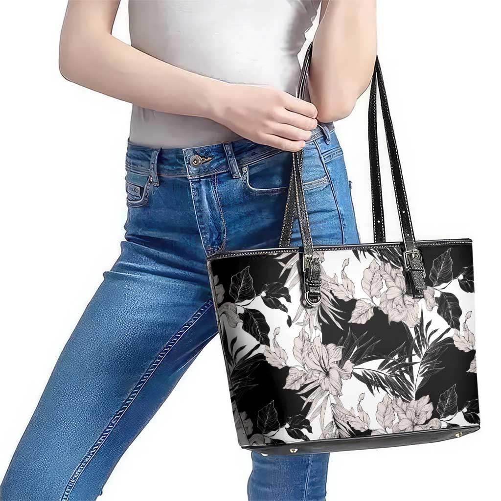 Black White Monotone Tropical Flowers Pattern Leather Tote Bag LT01 - Polynesian Pride