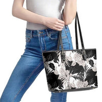 Black White Monotone Tropical Flowers Pattern Leather Tote Bag LT01 - Polynesian Pride