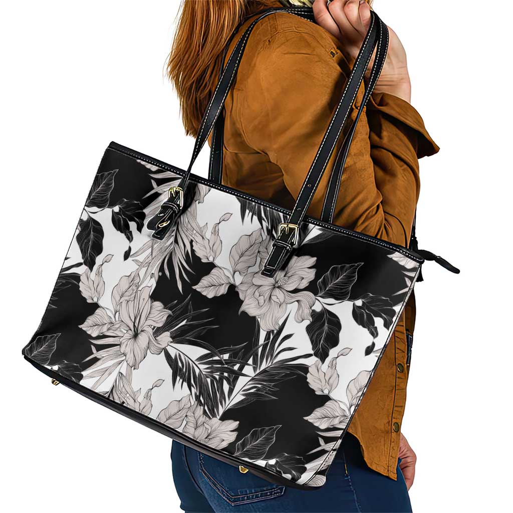 Black White Monotone Tropical Flowers Pattern Leather Tote Bag LT01 - Polynesian Pride