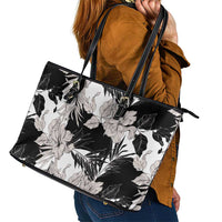 Black White Monotone Tropical Flowers Pattern Leather Tote Bag LT01 - Polynesian Pride