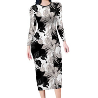 Black White Monotone Tropical Flowers Pattern Long Sleeve Bodycon Dress LT01 Long Dress Black - Polynesian Pride