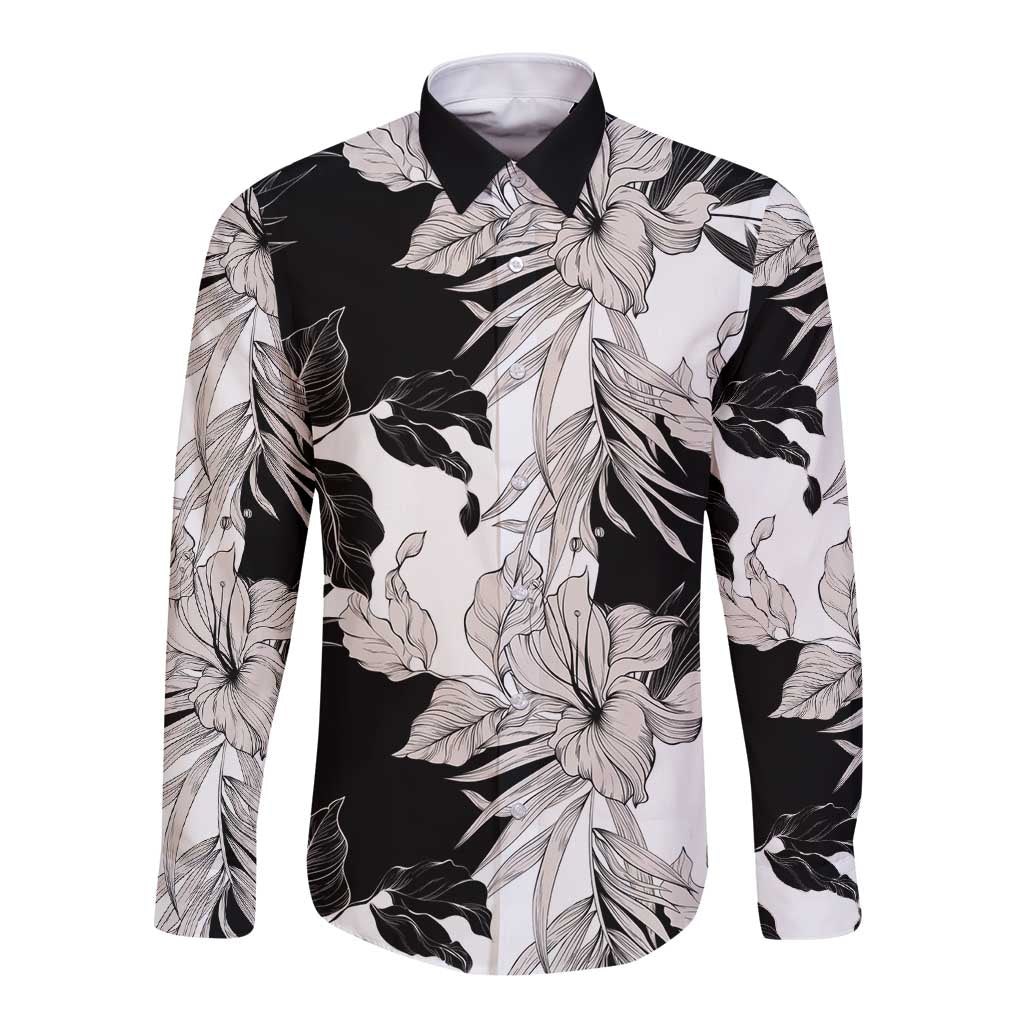Black White Monotone Tropical Flowers Pattern Long Sleeve Button Shirt - Polynesian Pride