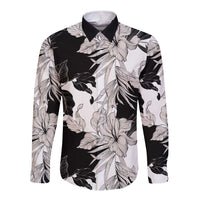 Black White Monotone Tropical Flowers Pattern Long Sleeve Button Shirt - Polynesian Pride