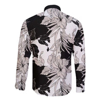 Black White Monotone Tropical Flowers Pattern Long Sleeve Button Shirt - Polynesian Pride