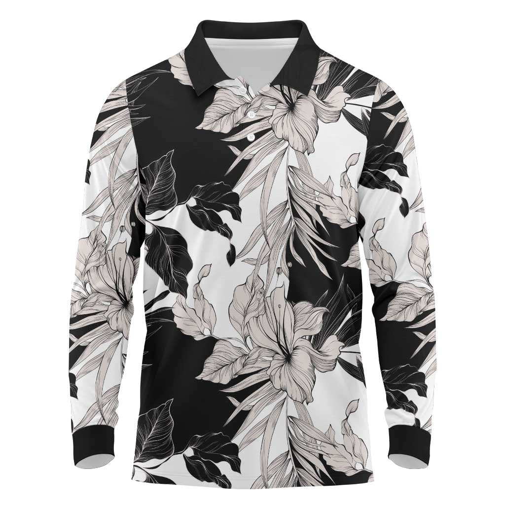 Black White Monotone Tropical Flowers Pattern Long Sleeve Polo Shirt - Polynesian Pride