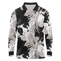 Black White Monotone Tropical Flowers Pattern Long Sleeve Polo Shirt - Polynesian Pride