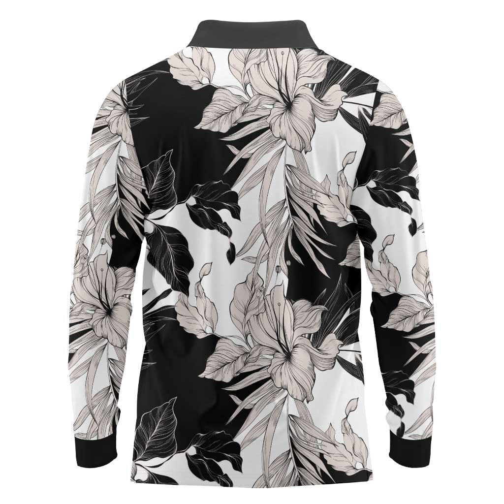Black White Monotone Tropical Flowers Pattern Long Sleeve Polo Shirt - Polynesian Pride