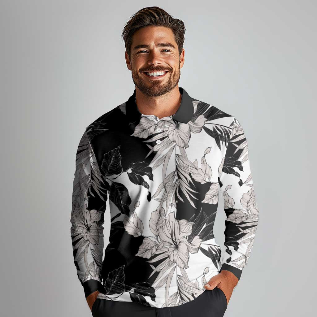 Black White Monotone Tropical Flowers Pattern Long Sleeve Polo Shirt - Polynesian Pride