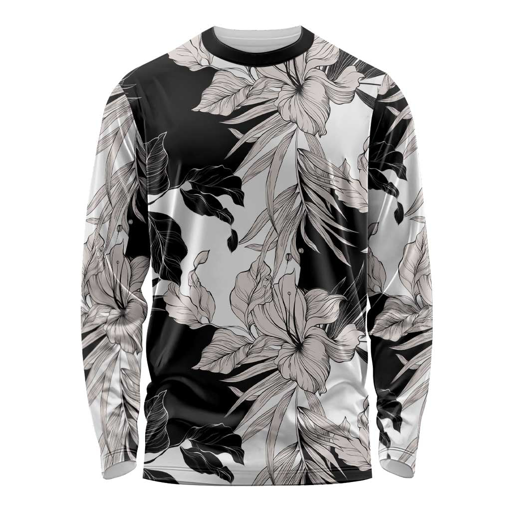 Black White Monotone Tropical Flowers Pattern Long Sleeve Shirt - Polynesian Pride