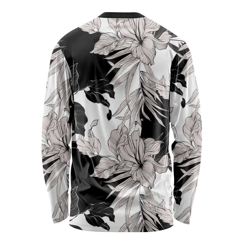 Black White Monotone Tropical Flowers Pattern Long Sleeve Shirt - Polynesian Pride
