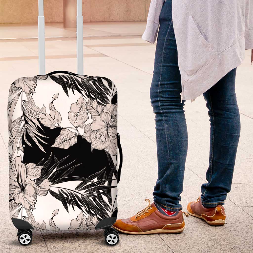 Black White Monotone Tropical Flowers Pattern Luggage Cover LT01 Black - Polynesian Pride