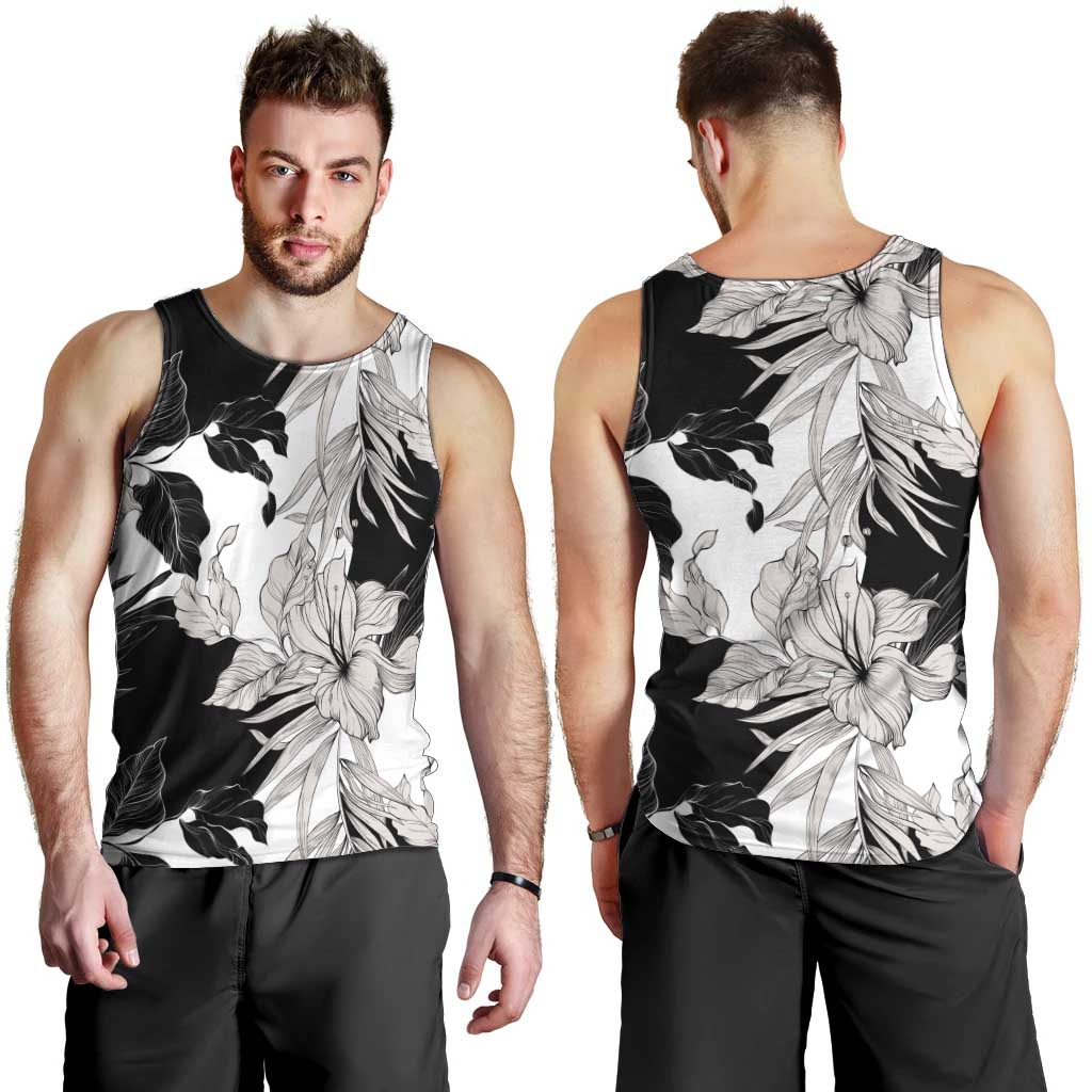 Black White Monotone Tropical Flowers Pattern Men Tank Top - Polynesian Pride