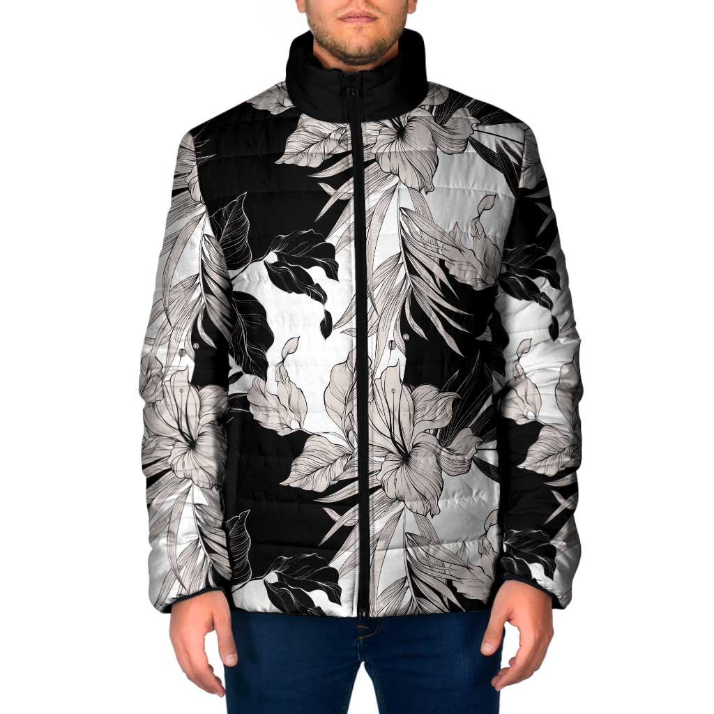 Black White Monotone Tropical Flowers Pattern Padded Jacket - Polynesian Pride