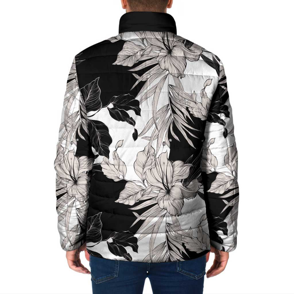 Black White Monotone Tropical Flowers Pattern Padded Jacket - Polynesian Pride