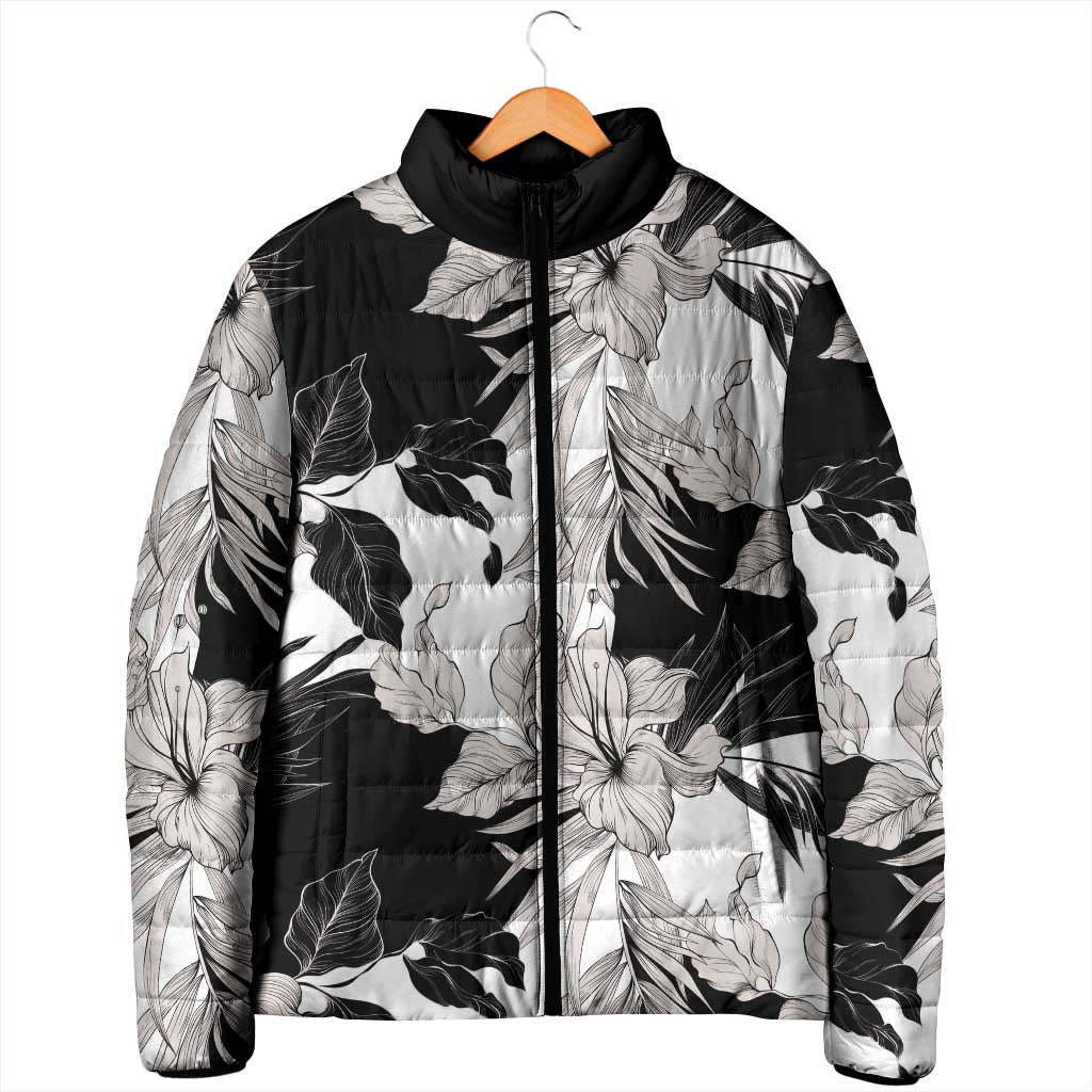 Black White Monotone Tropical Flowers Pattern Padded Jacket - Polynesian Pride