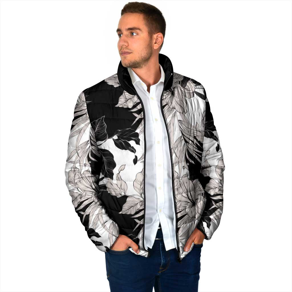 Black White Monotone Tropical Flowers Pattern Padded Jacket - Polynesian Pride