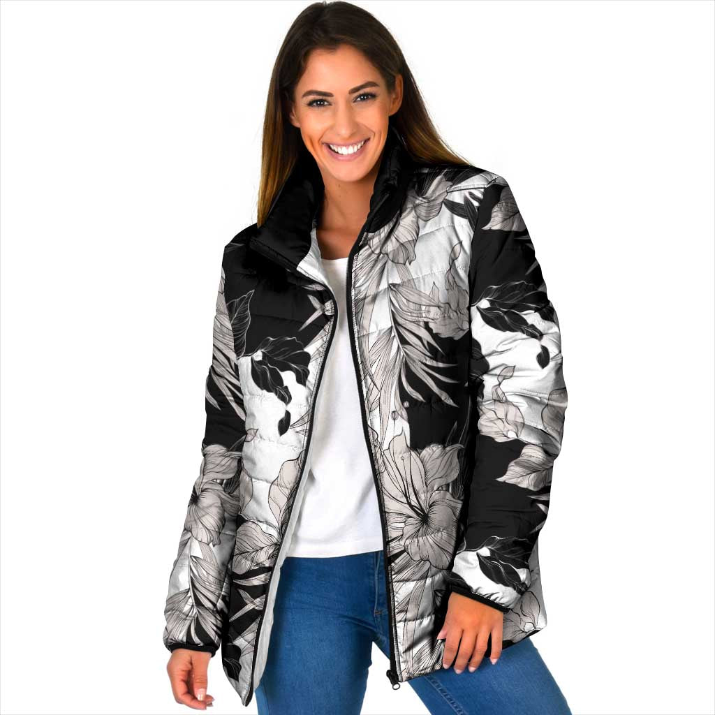 Black White Monotone Tropical Flowers Pattern Padded Jacket - Polynesian Pride